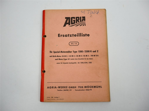 Agria 1300 2300 R Z Motormäher Ersatzteilliste Ersatzteilkatalog 1966
