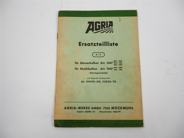 Agria 1647 Messerbalken Mulchbalken Ersatzteilkatalog Ersatzteilliste 1968