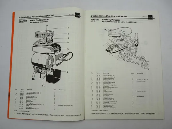 Agria 300 Motormäher Ersatzteilliste Ersatzteilkatalog 1992