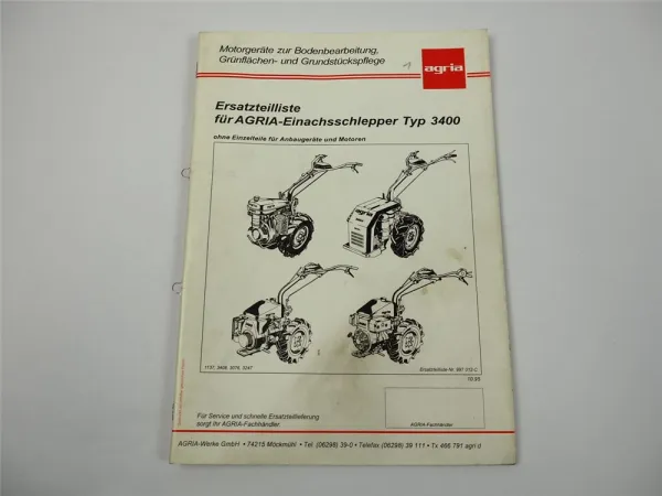 Agria 3400 Einachsschlepper Ersatzteilliste Ersatzteilkatalog 1995