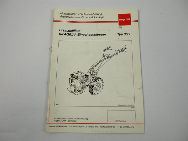 Agria 3600 Einachsschlepper Ersatzteilliste Ersatzteilkatalog 1995