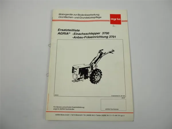 Agria 3700 Einachsschlepper mit Anbau Fräse 3701 Ersatzteilliste Katalog 1997