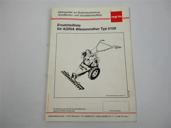 Agria 5100 Wiesenmäher Ersatzteilliste Ersatzteilkatalog 1992