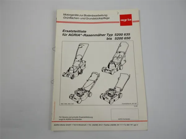 Agria 5200 635 bis 650 Rasenmäher Ersatzteilliste Ersatzteilkatalog 1995