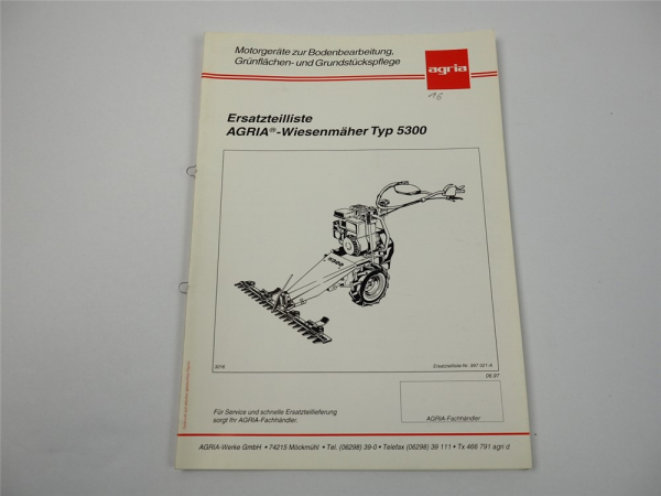 Agria 5300 Wiesenmäher Ersatzteilliste Ersatzteilkatalog 1997