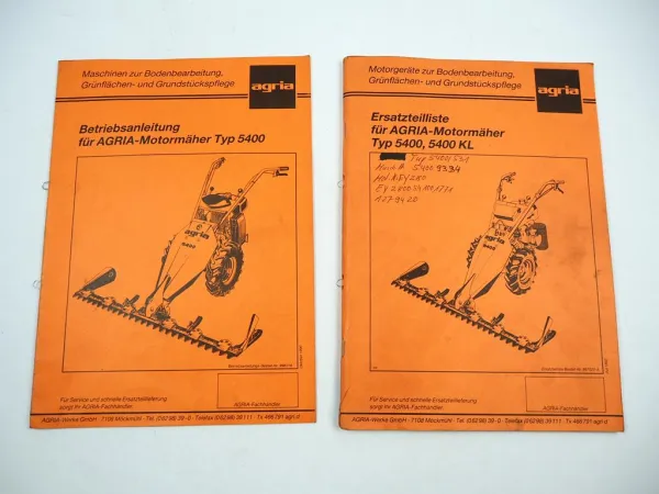 Agria 5400 Motormäher Betriebsanleitung Bedienung Ersatzteilliste 1990/92