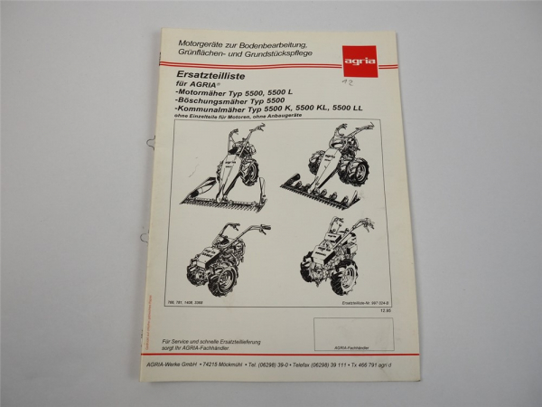 Agria 5500 L K KL LL Motormäher Böschungsmäher Ersatzteilliste 1995
