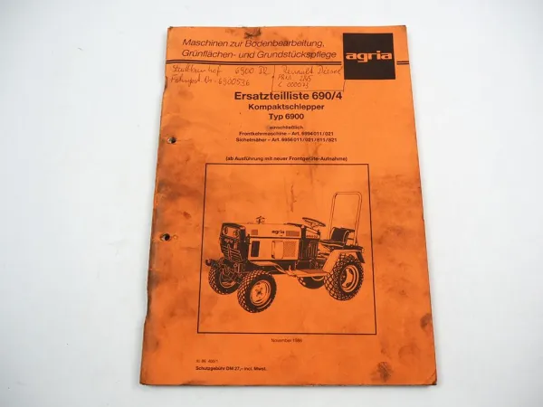 Agria 6900 Kompaktschlepper Ersatzteilkatalog Ersatzteilliste 1986