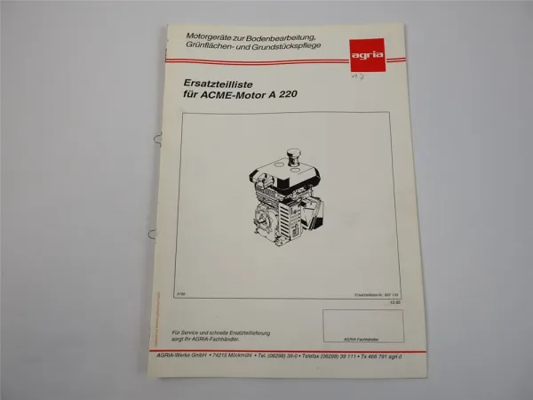 Agria ACME A220 Motor Ersatzteilliste Ersatzteilkatalog 1995