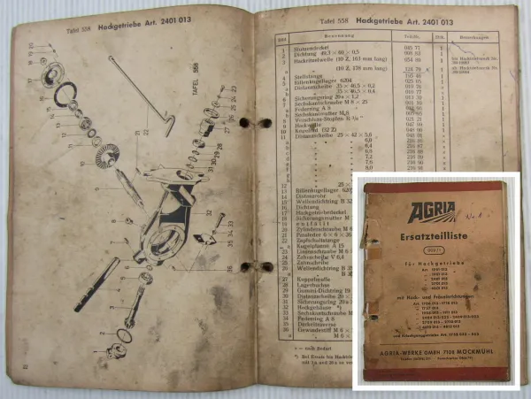 Agria Ersatzteilliste Hackgetriebe Fräseinrichtung Kriechganggetriebe 01/1972
