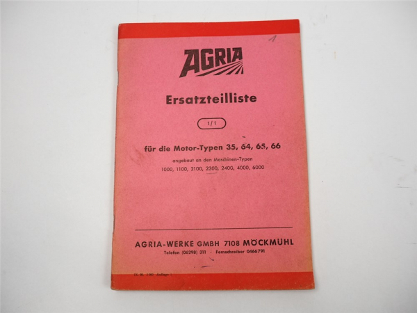 Agria NSU MotorTyp 35 64 65 66 Ersatzteilliste Ersatzteilkatalog 1966