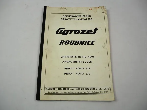 Agrozet Roudnice Privat Roto 235 335 Anbaupflug Betriebsanleitung Ersatzteilliste