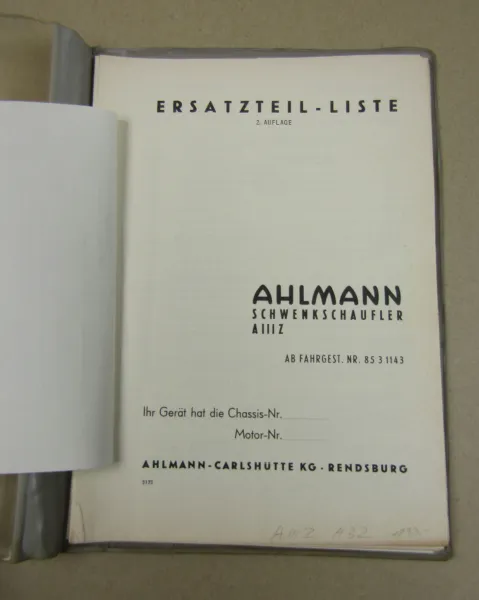 Ahlmann AIIIZ A32 Schwenkschaufler Ersatzteilliste Ersatzteilkatalog ca 1960