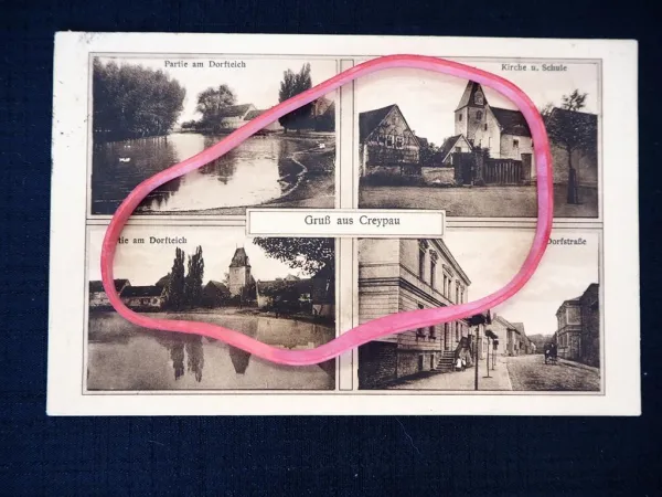 AK Creypau Kreypau Merseburg Dorfstraße Dorfteich Schule Kirche 1929 gelaufen