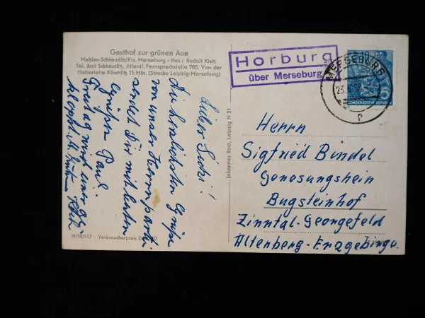 AK Gruß aus Maßlau Horburg Merseburg Gasthaus Grüne Aue 1958 gelaufen