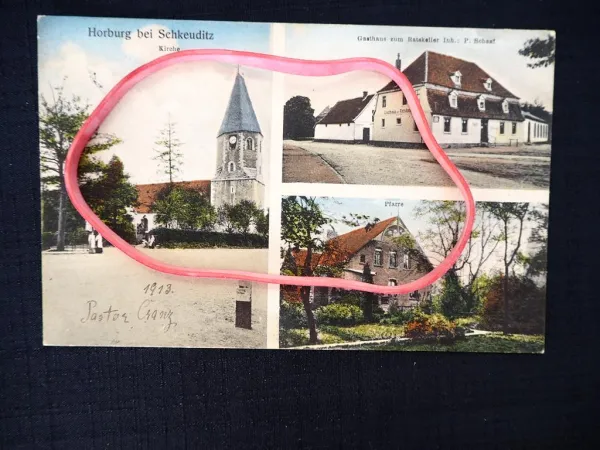 AK Horburg Schkeuditz Merseburg Gasthaus Ratskeller P. Schaaf Pfarre Kirche 1913 gelaufen