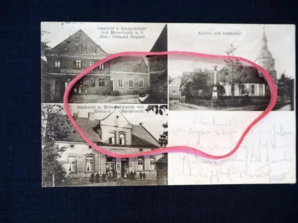 AK Knapendorf Merseburg Gasthof O. Brauer Bäckerei R. Baumbach 1914 gelaufen