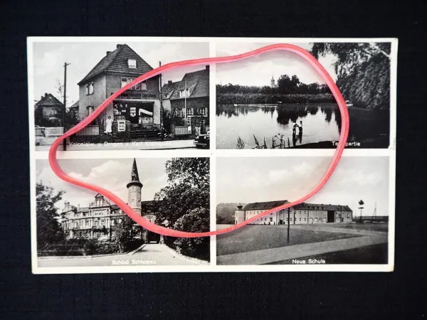 AK Schkopau b. Merseburg Kolonialwaren u. Drogerie K. Kranepuhl 1953 gelaufen