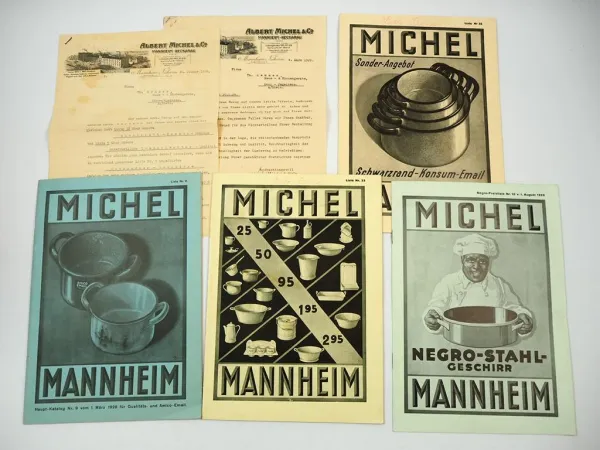 Albert Michel Mannheim Email Stahlgeschirr Haushaltsgegenstände 4x Katalog 1929