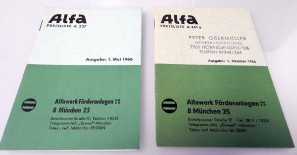 Alfa Förderanlagen 2 Preislisten A237 A241a 1966