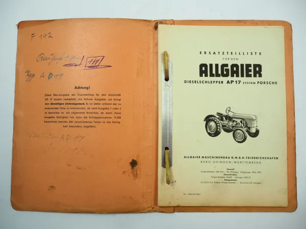 Allgaier AP17 System Porsche Dieselschlepper Ersatzteilliste 1952