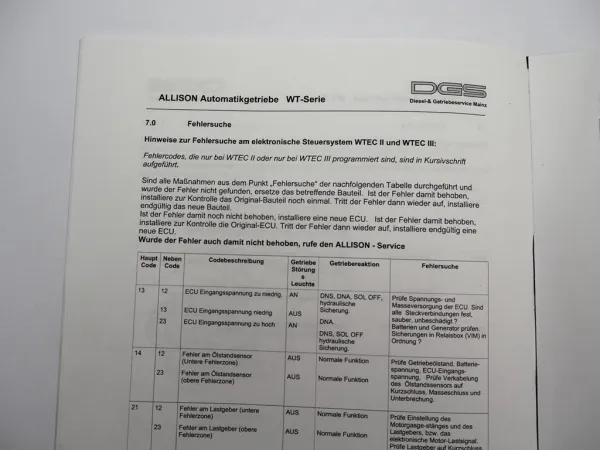 Allison WT Serie Automatikgetriebe MD HD Schulungsunterlage Bedienung 2005
