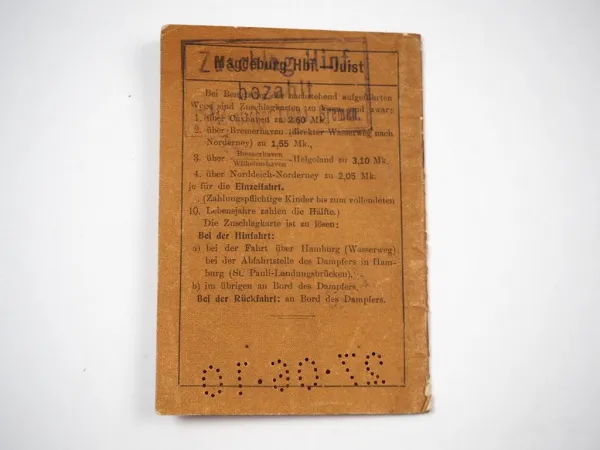 alter Fahrschein Magdeburg Hauptbahnhof Juist und zurück 1910