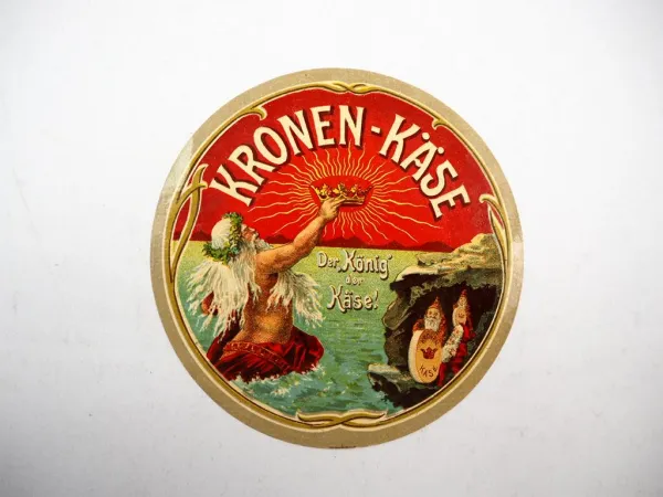 Altes Etikett Kronen-Käse Der König der Käse Motiv Neptun Zwerge ca. 1900/10