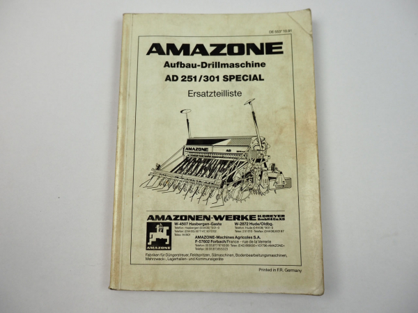 Amazone AD 251 301 Special Aufbau Drillmaschine Ersatzteilliste 1991