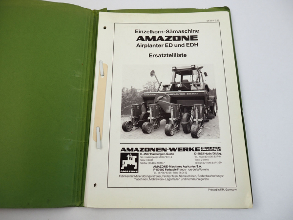 Amazone ED EDH Airplanter Einzelkorn Sämaschine Ersatzteilliste 1992