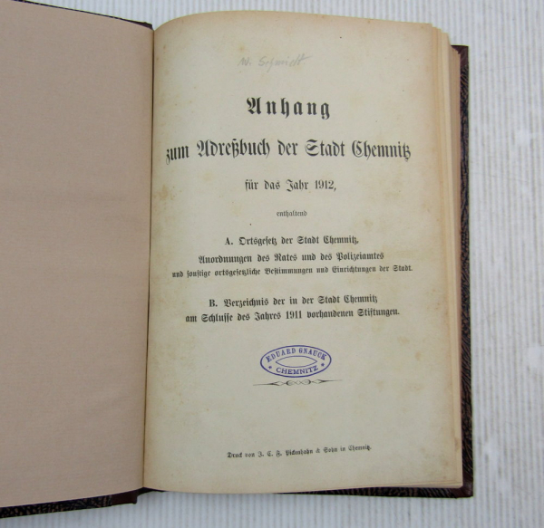 Anhang zum Adressbuch der Stadt Chemnitz 1912 Ausgabe ca 1970/80 neu gebunden