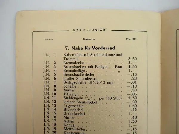 Ardie Junior 200 ccm Motorrad Ersatzteil Preisliste 1932