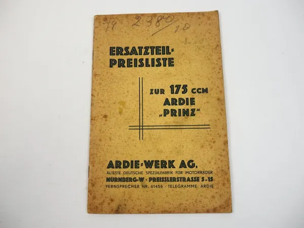 Ardie Prinz 175 ccm Motorrad Ersatzteil Preisliste 1932