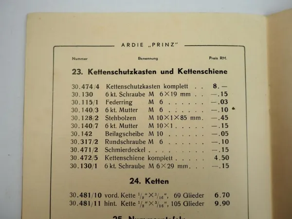 Ardie Prinz 175 ccm Motorrad Ersatzteil Preisliste 1932
