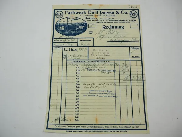 Arti E.J.B. Farbwerk Emil Jansen &Co Barmen Wasserstrasse 10 Rechnung 1920 Beize