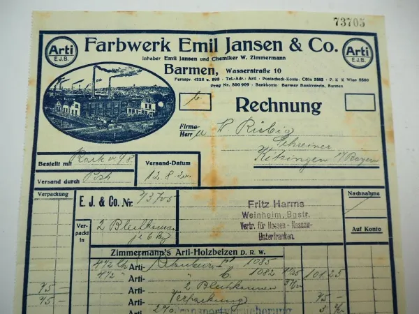 Arti E.J.B. Farbwerk Emil Jansen & Co Barmen Wasserstrasse Rechnung 1920 Holzbeize