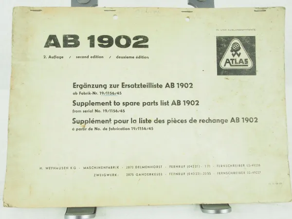 Atlas AB1902 Ergänzung zur Ersatzteilliste Supplement Parts List 10/1973