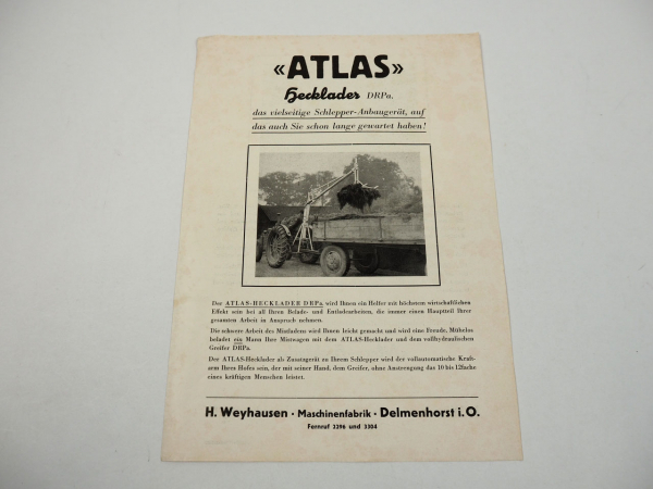 Atlas DRPa Hecklader Anbaugerät Kran Bagger Greifer Prospekt 1950er Jahre