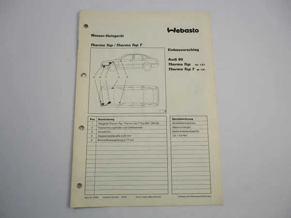 Audi 80 B4 Einbauanleitung Webasto Thermo Top T BW DW 50 Heizung 1991