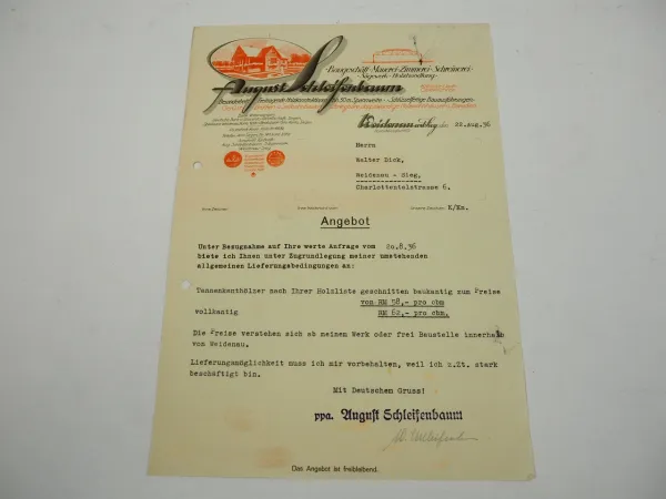 August Schleifenbaum Sägewerk Holzhandlung Weidenau Siegen Geschäftsbrief 1936