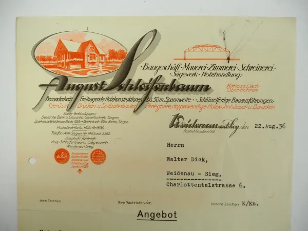 August Schleifenbaum Sägewerk Holzhandlung Weidenau Siegen Geschäftsbrief 1936