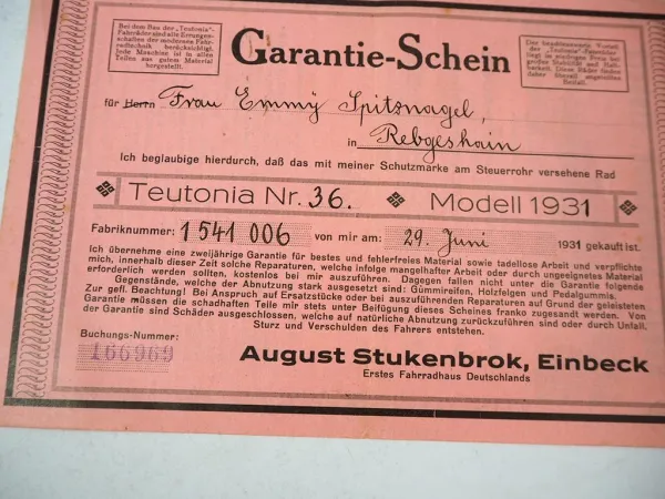 August Stukenbrok Einbeck Garantieschein Fahrrad Teutonia 36 Modell 1931