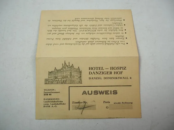 Ausweis Hotel Hospiz Danziger Hof Dominikswall Stadtplan Danzig Polen 1930er J.