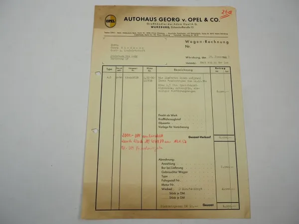 Autohaus Georg von Opel Rekord P1 1.5 Ltr. Limousine Rechnung Würzburg 1957