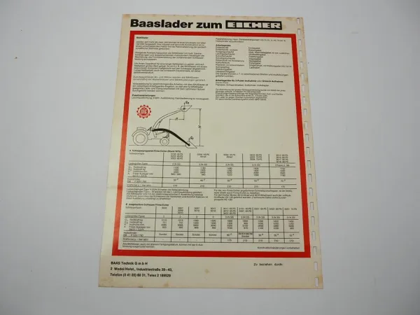 Baas Frontlader 2 / 3 / 3 Super N22 N33 L34 zum Eicher Traktor Prospekt 1975
