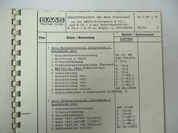 Baas Frontlader zum Deutz Schlepper D25.1 D30 D40L D2505 - D6006 Ersatzteilliste