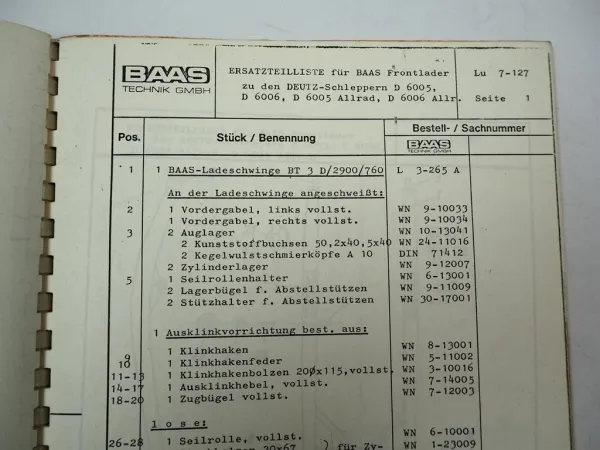 Baas Frontlader zum Deutz Schlepper D25.1 D30 D40L D2505 - D6006 Ersatzteilliste