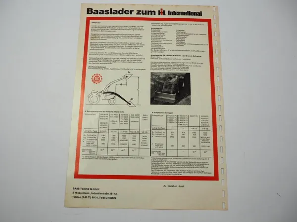 Baas Frontlader zum IHC 744 523 - 824 353 bis 1246 D320 - D440 Traktor Prospekt