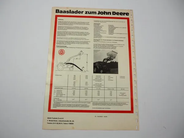 Baas Frontlader zum John Deere 2020 820 - 3120 830 - 3130 Traktor Prospekt 1975
