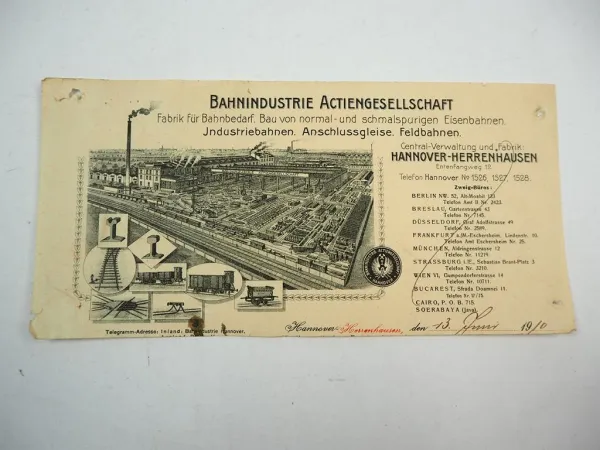 Bahnindustrie AG Hannover Herrenhausen Fabrik für Bahnbedarf Rechnungskopf 1910